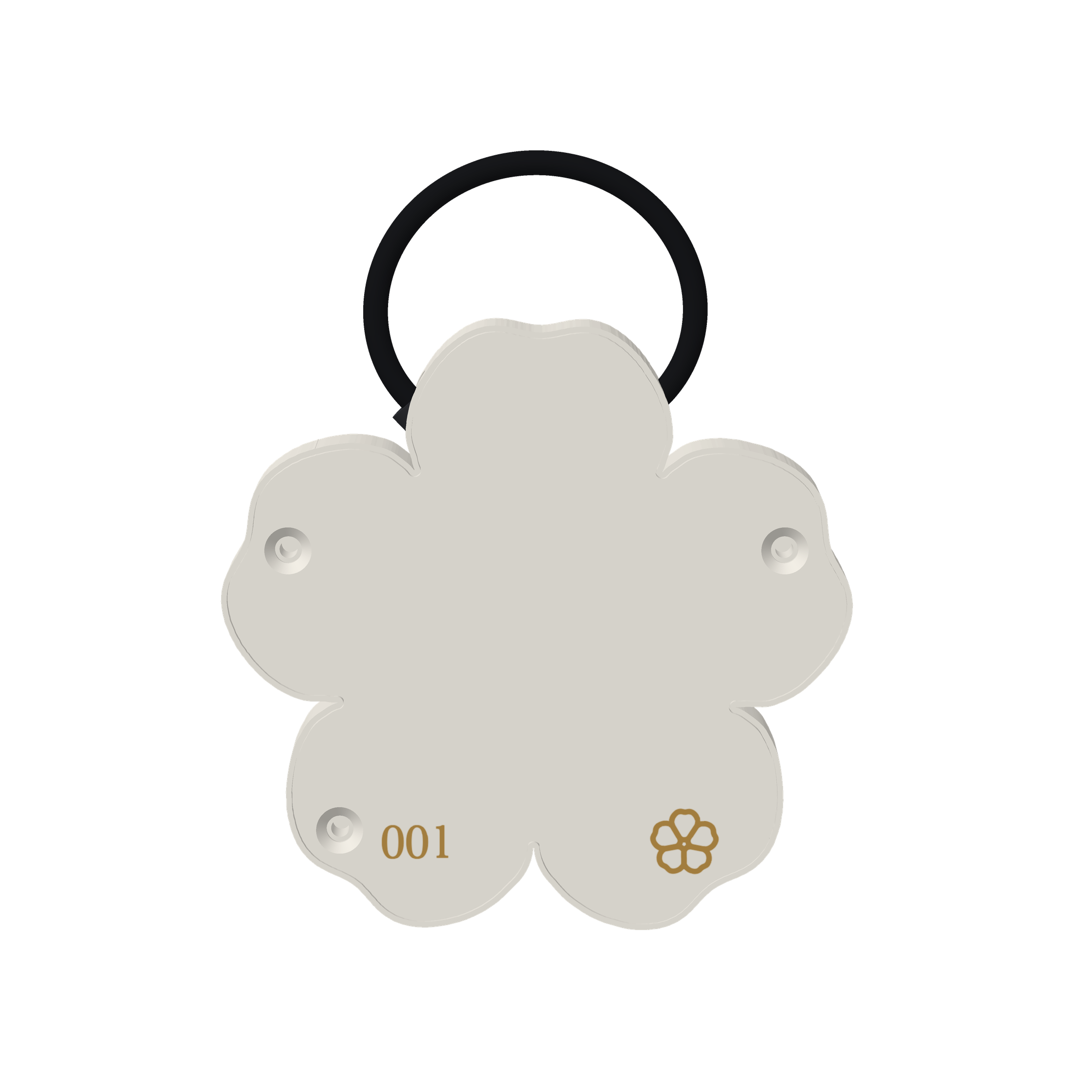 The back of the Bloom: 001 engraved in gold beside the bottom screw, and the Gesture flower opposite it