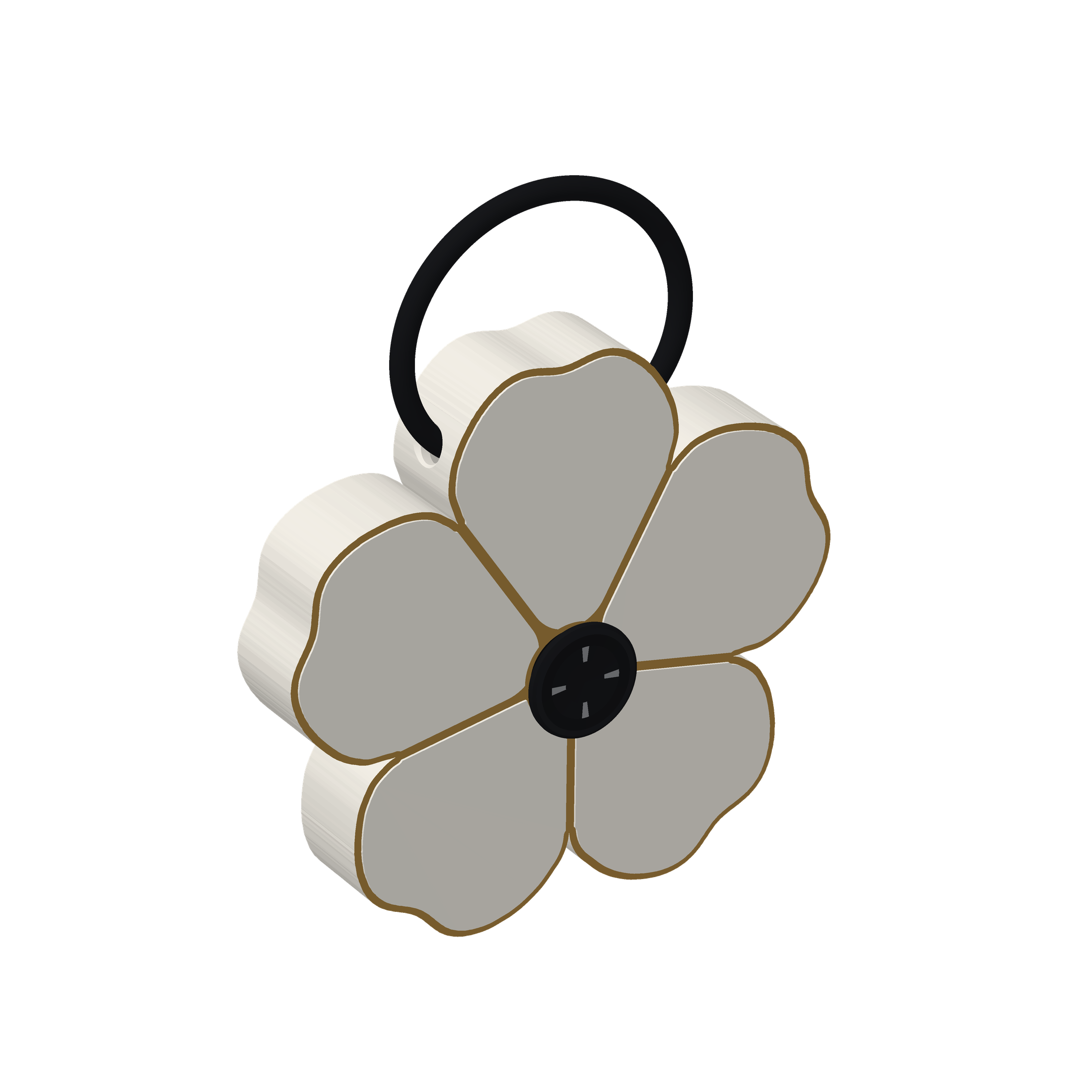 The Bloom bag charm: a golden bloom of five petals with a black center pad and a slender braided steel loop, seen from three quarters